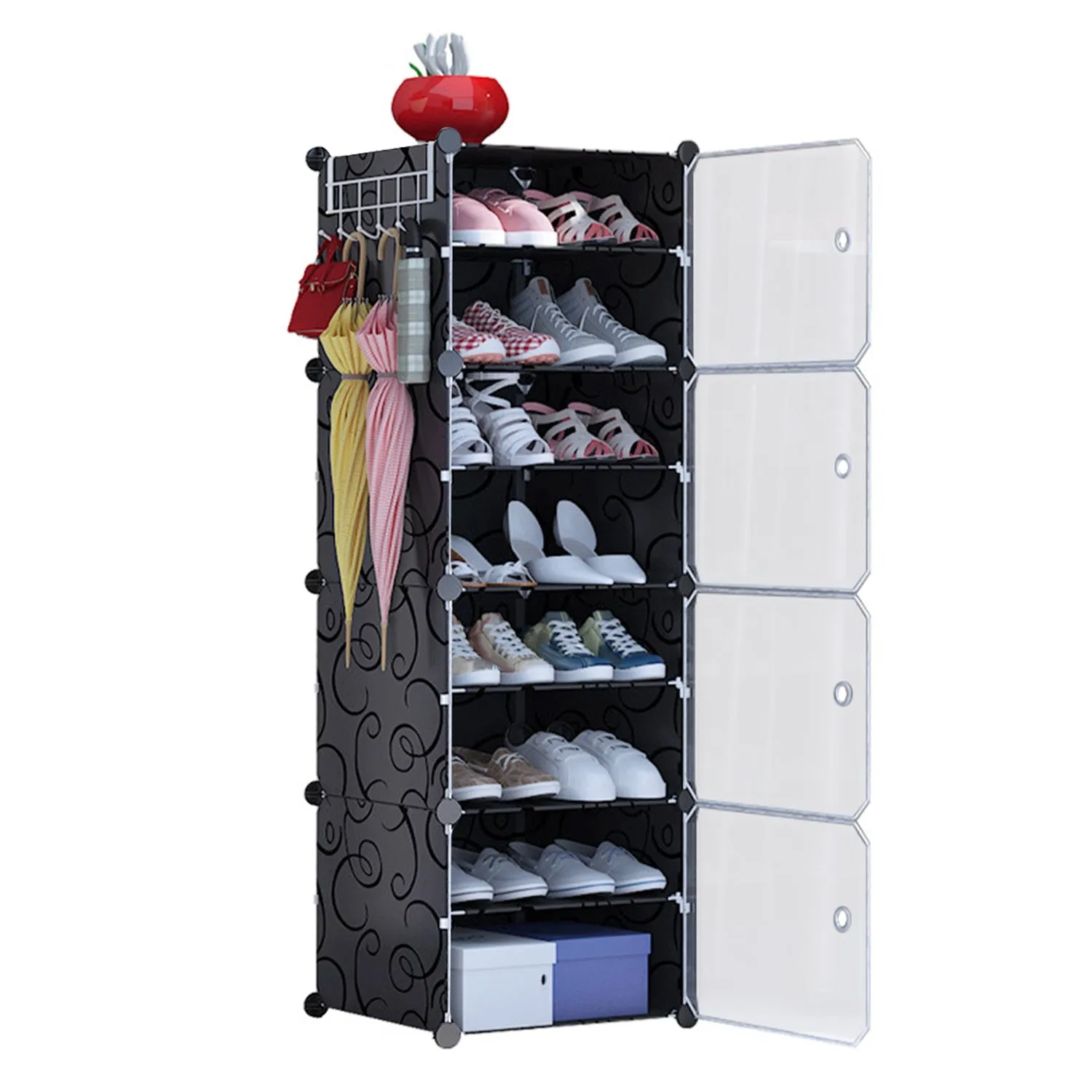 8-Tier Shoe Rack Organizer Stackable Free Standing Shoe Storage Shelf Plastic Shoe Cabinet Tower with Transparent Doors for Heels Boots Slippers Entry