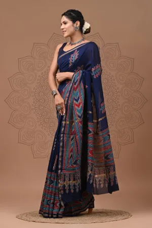 Blue Jaipuri Block Print Saree