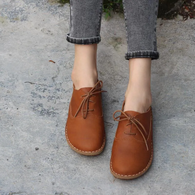 Brown Oxfords & Tie Flats Women Handmade Cowhide Leather Loafers