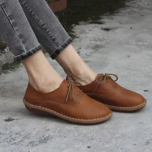 Brown Oxfords & Tie Flats Women Handmade Cowhide Leather Loafers