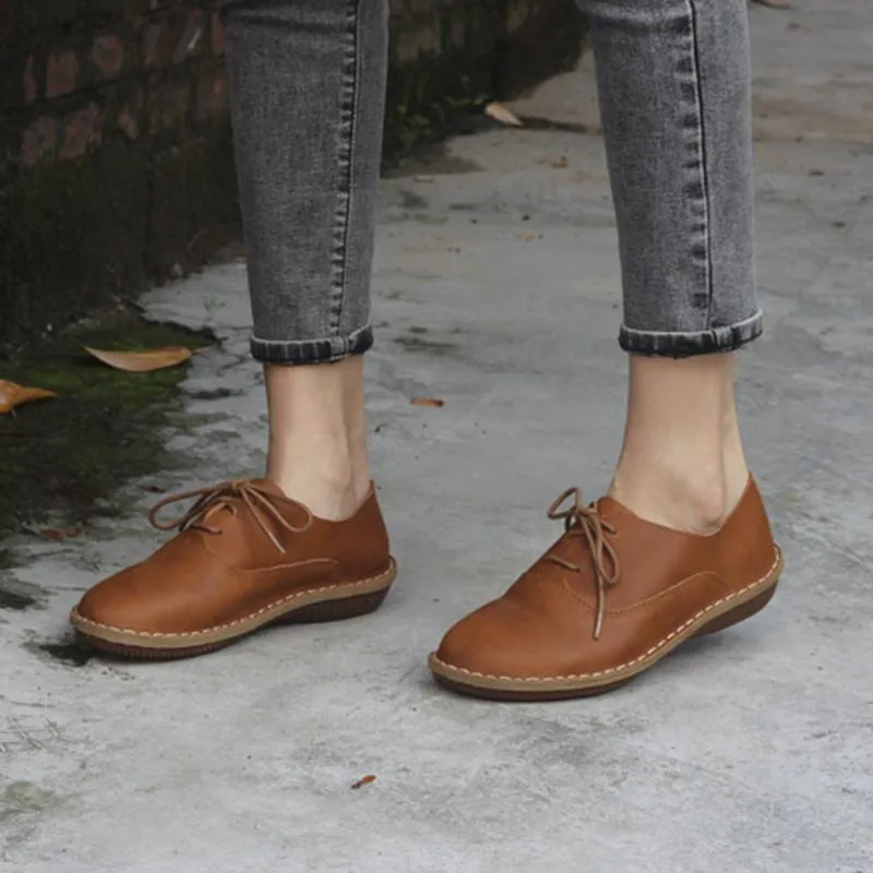 Brown Oxfords & Tie Flats Women Handmade Cowhide Leather Loafers