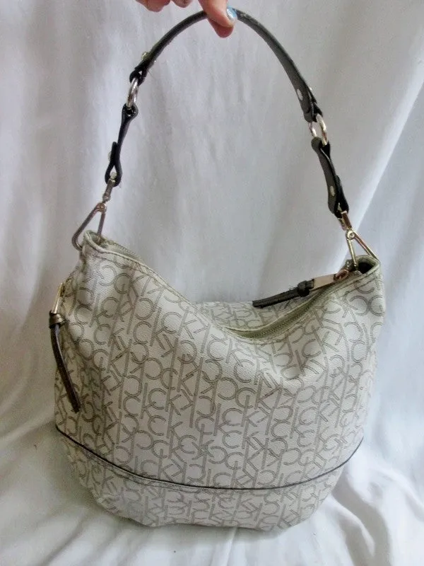 CALVIN KLEIN CK leather hobo satchel shoulder signature bag handbag WHITE GOLD purse