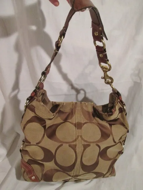 COACH 10620 CARLY SIGNATURE "C" Jacquard Hobo Handbag Satchel Purse BROWN L