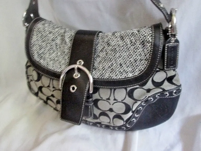 COACH F10425 Signature C Jacquard Hobo Handbag Satchel Canvas BLACK GRAY Leather