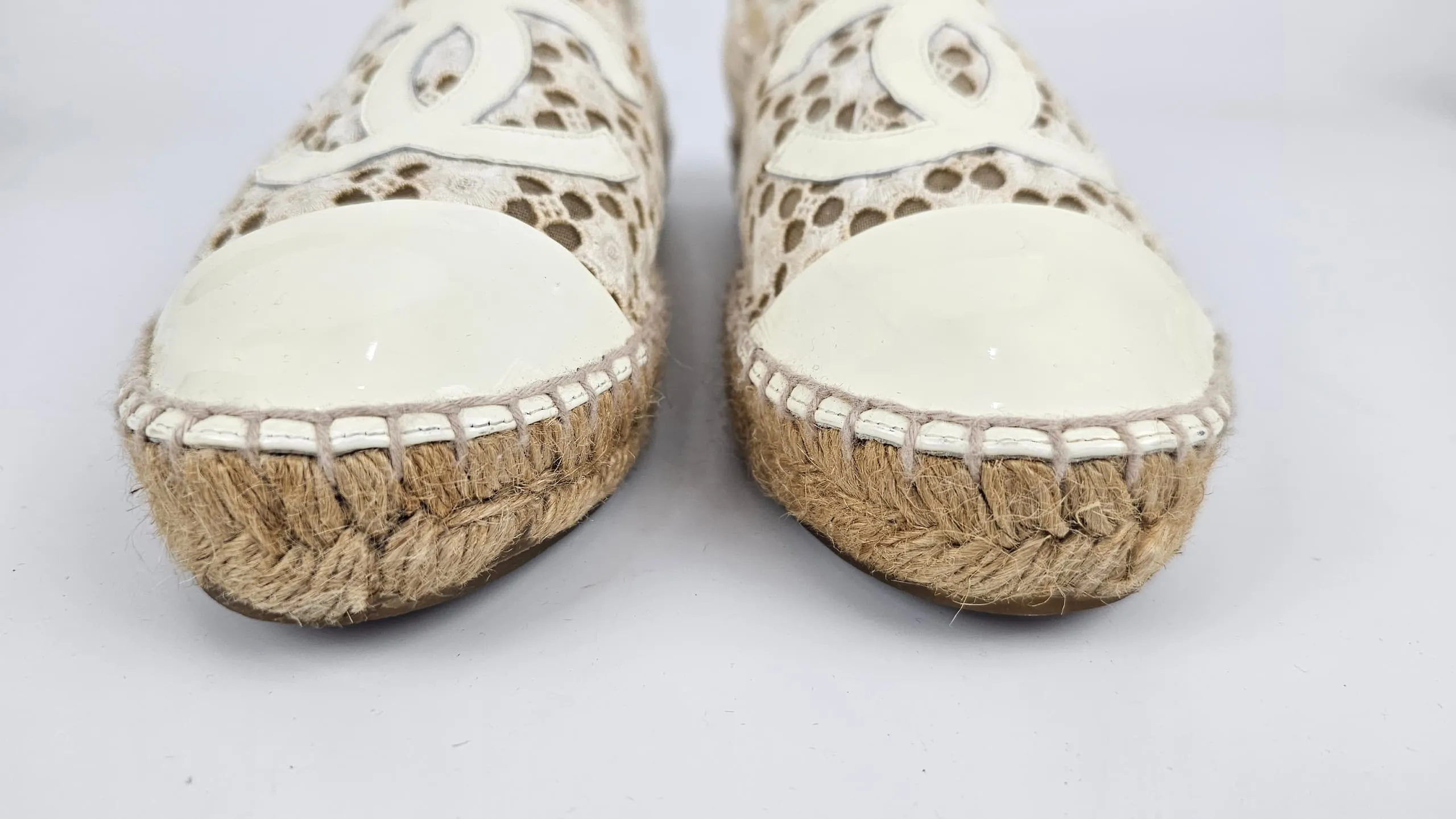 Embroidered Espadrilles in Off White and Off White Patent CC / Top Cap