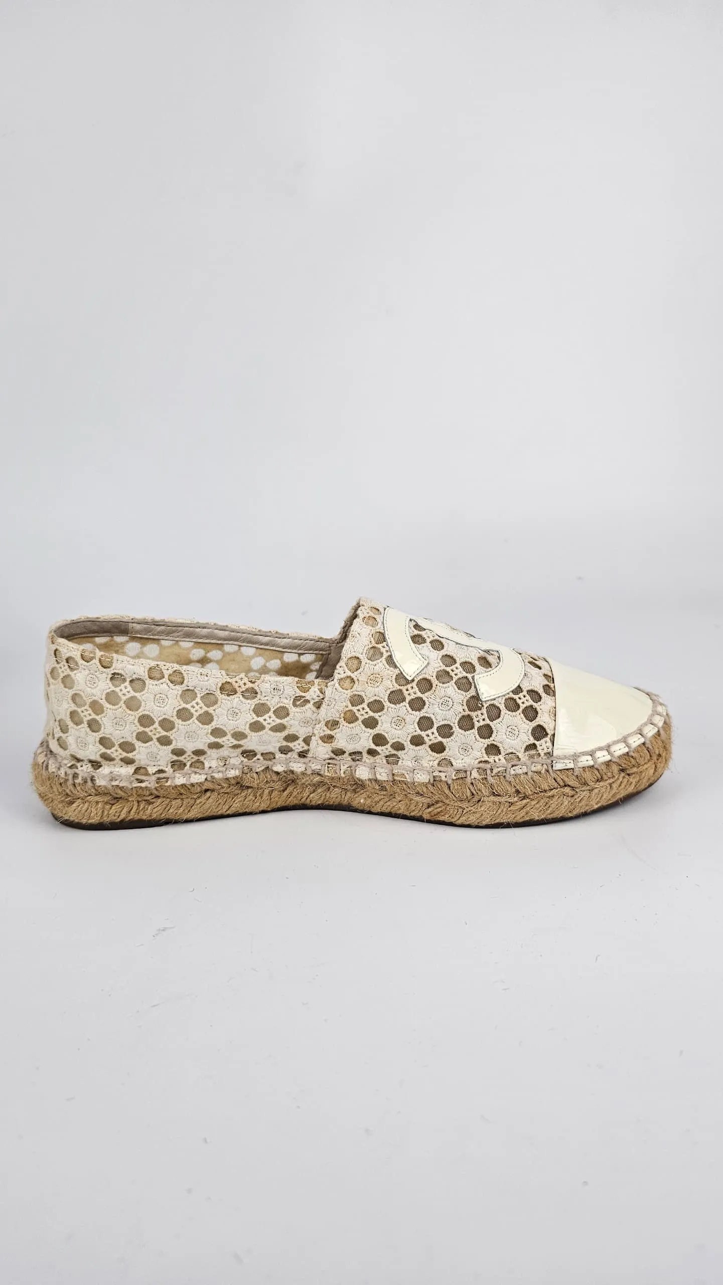 Embroidered Espadrilles in Off White and Off White Patent CC / Top Cap