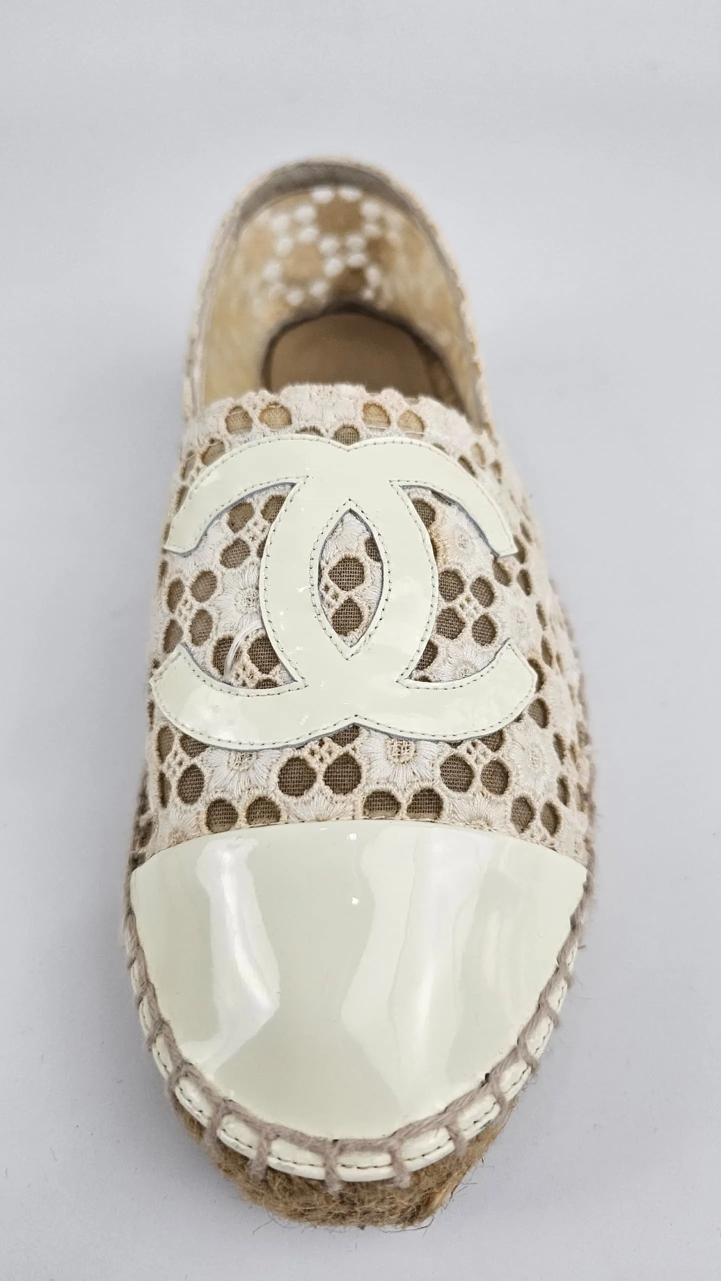 Embroidered Espadrilles in Off White and Off White Patent CC / Top Cap