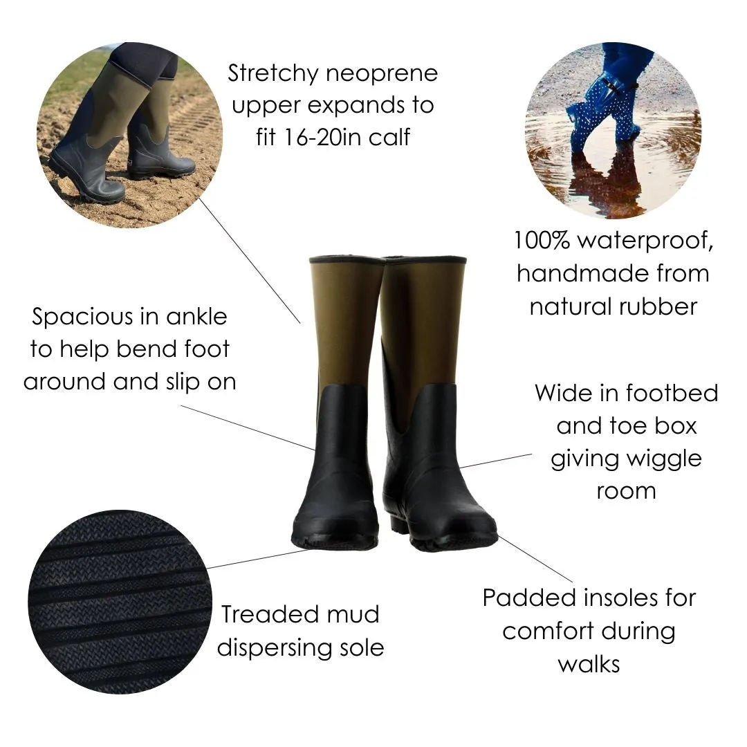 Extra Wide Calf Neoprene Rubber Rain Boots - Black - Up to 20 inch Calf - Wide in Foot and Ankle