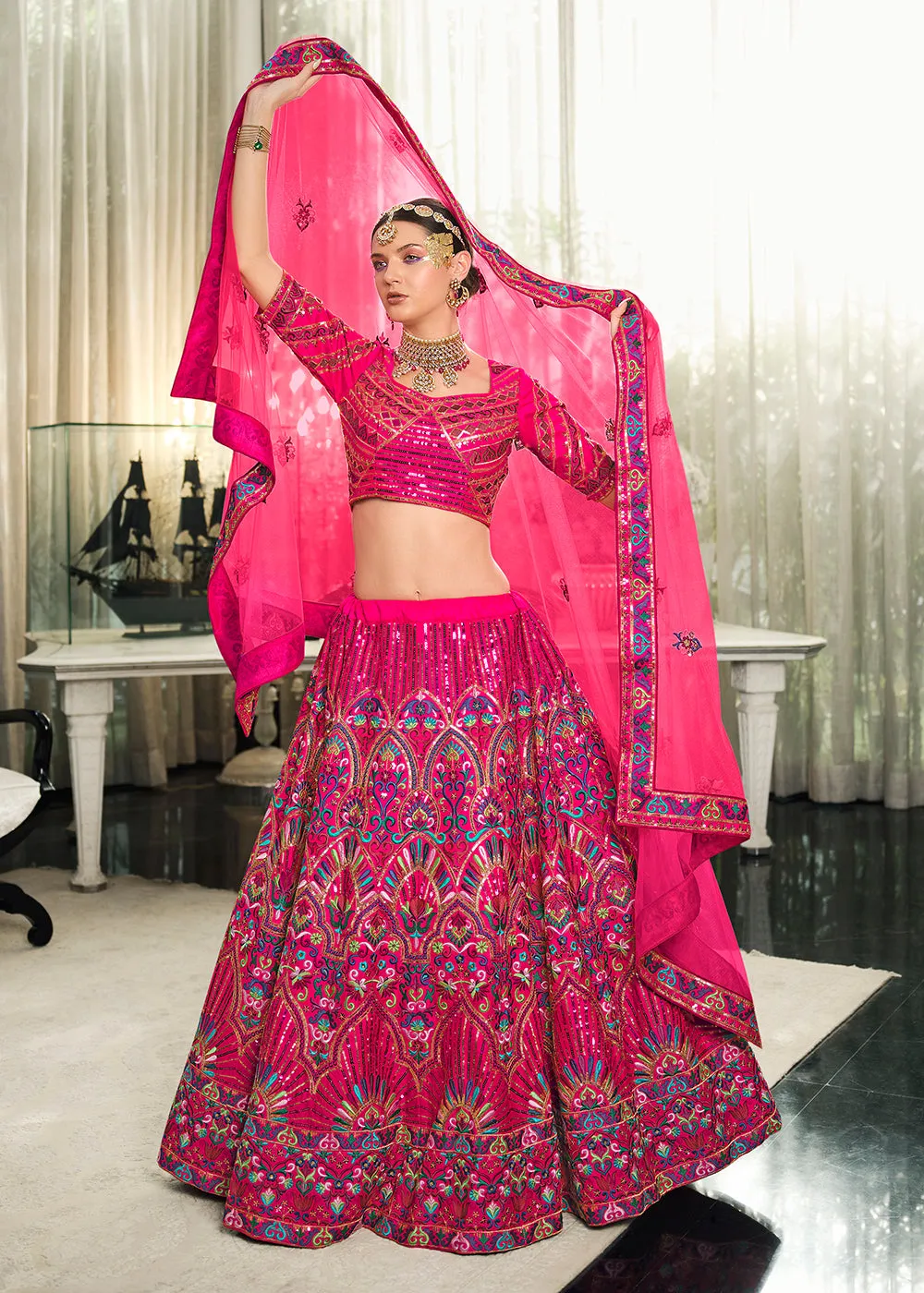 Festive Deep Pink Sequins Embroidered Wedding Trendy Lehenga