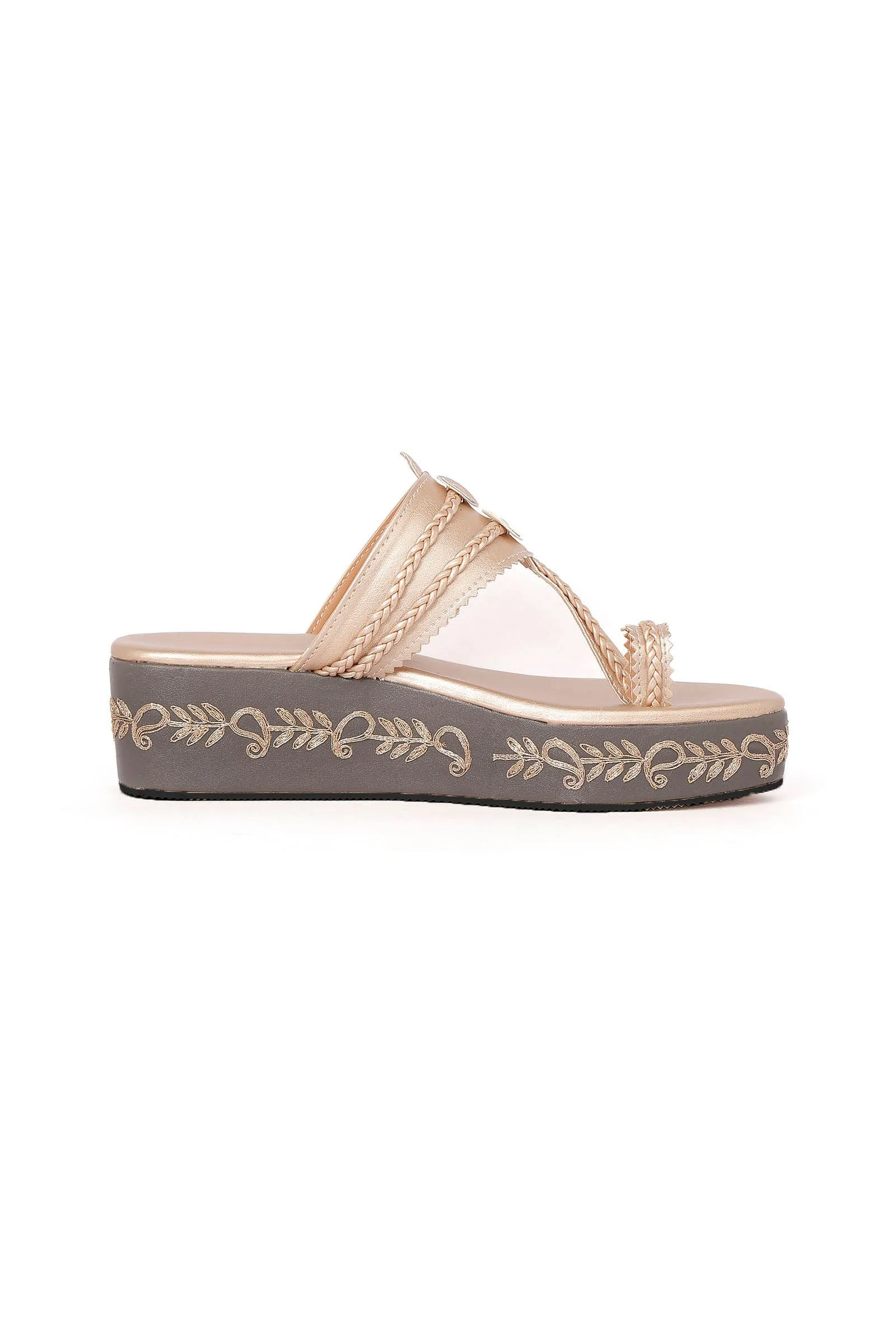 Golden Hand Embroidered Kolhapuri Inspired Wedges