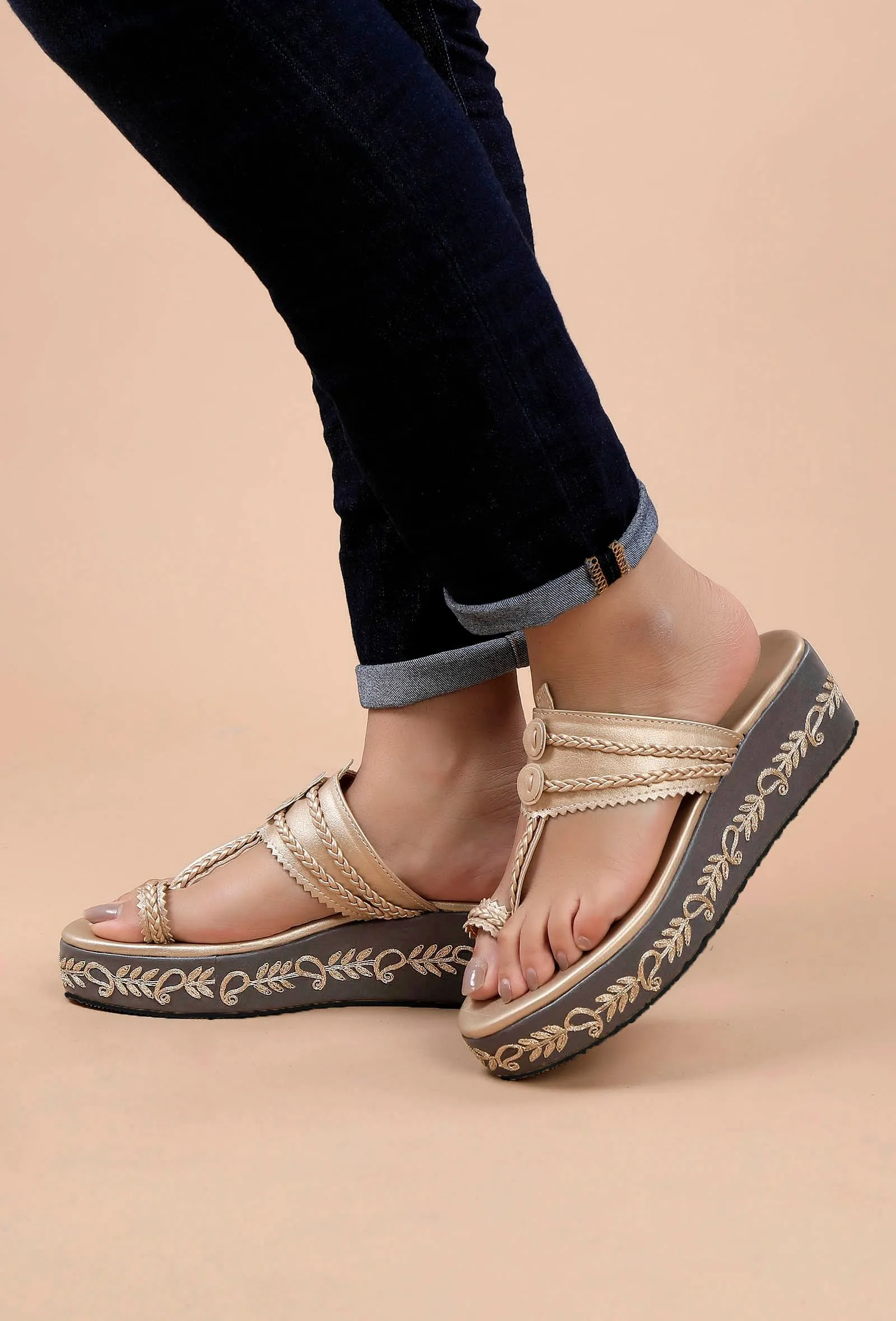 Golden Hand Embroidered Kolhapuri Inspired Wedges