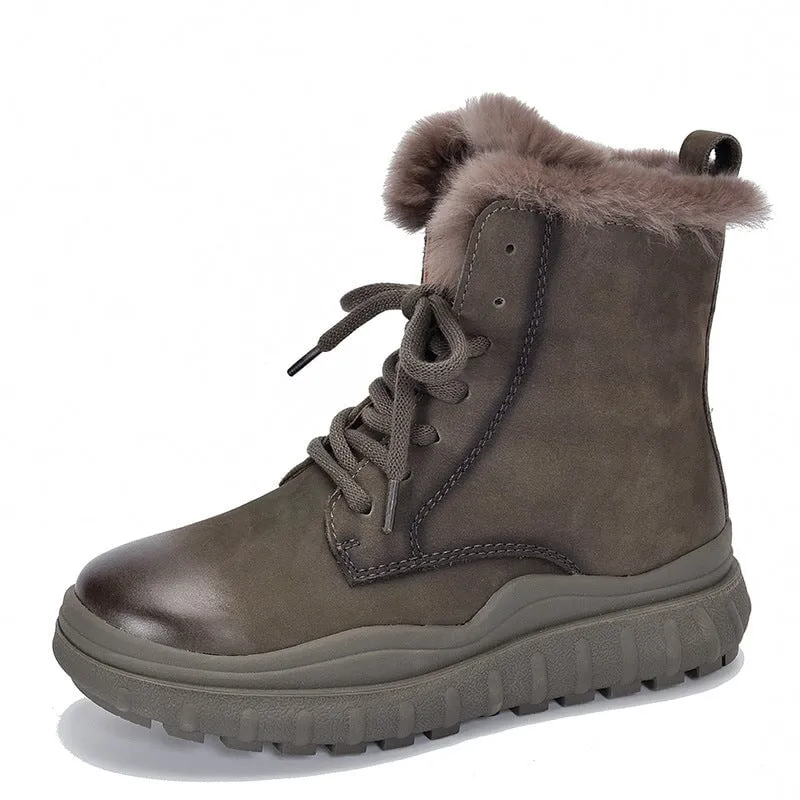 Lace Up Winter Boots Warm Short Plush Lined Platform Ankle Boots in Gray/Coffee