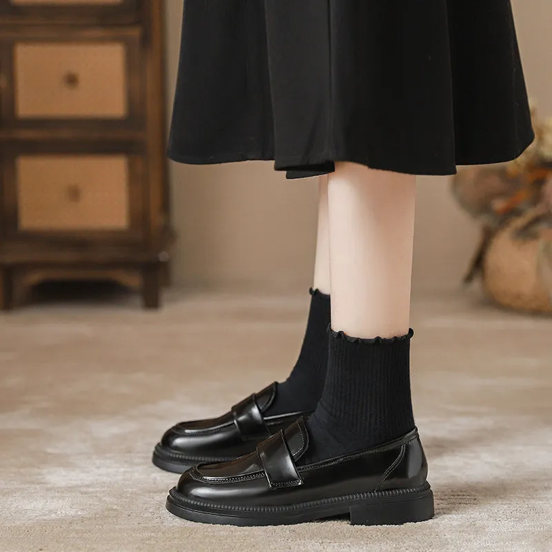 Leather Platform Height-Increasing Versatile Slip-On Black Casual Shoes