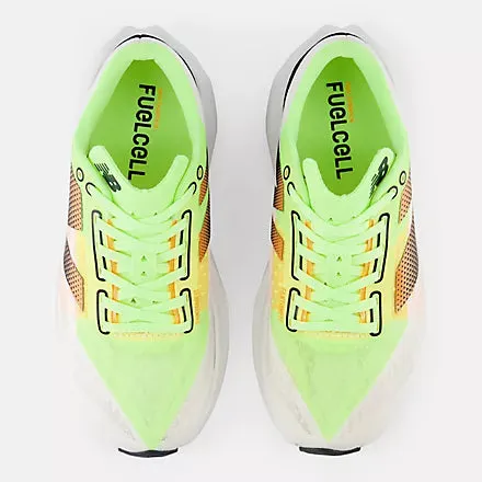 New Balance Women's FuelCell Rebel v4 Sneaker in White with Bleached Lime Glo and Hot Mango