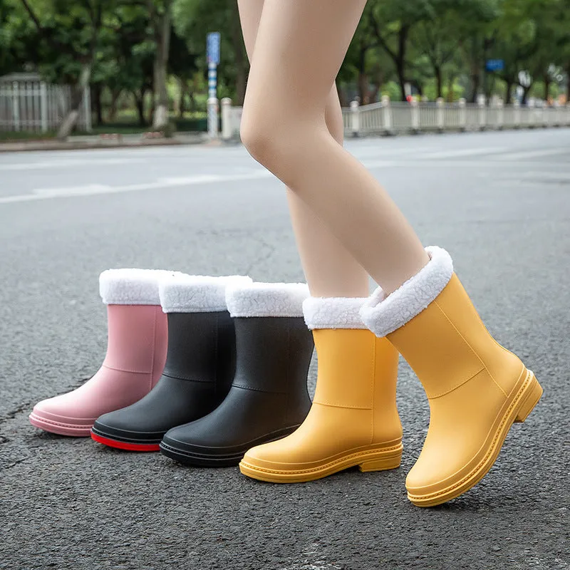 New style women's rain boots, women's non-slip, wear-resistant, lightweight women's rain boots, removable velvet warm mid-tube women's rain boots