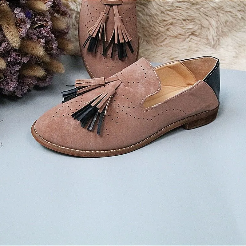 OCW Breathable Suede Women Loafers Tassel Round Toe Leather Lazy Shoes