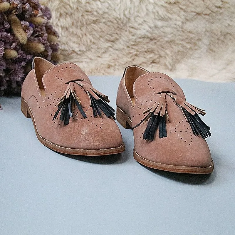 OCW Breathable Suede Women Loafers Tassel Round Toe Leather Lazy Shoes