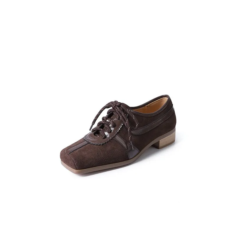 Retro Handmade Genuine Leather Lace Up Oxfords Square Toe In Brown/Silver/Coffee