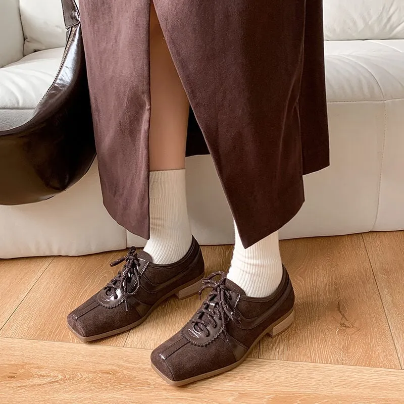 Retro Handmade Genuine Leather Lace Up Oxfords Square Toe In Brown/Silver/Coffee