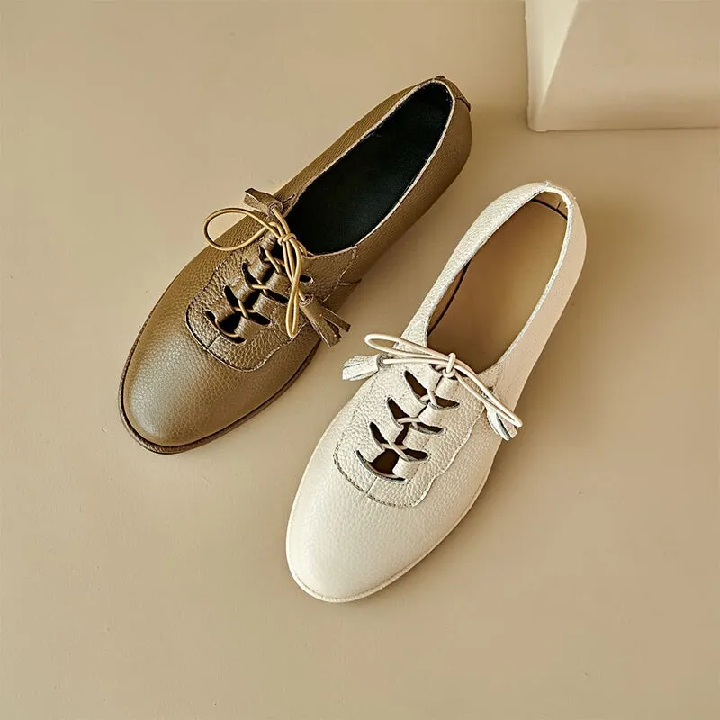 Retro Lace Up Leather Shoes For Women Round Toe Flats in Beige/Green