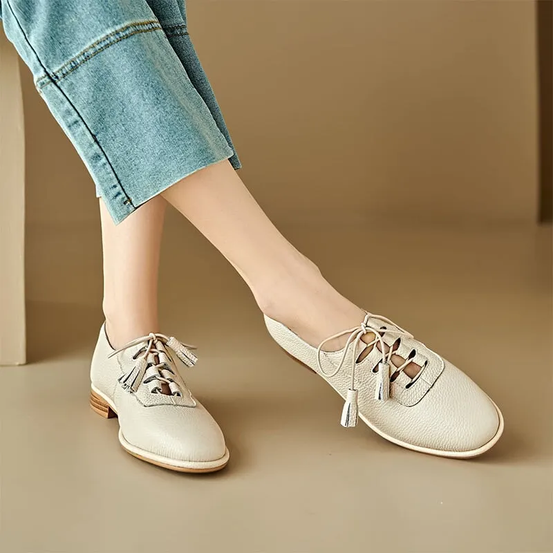 Retro Lace Up Leather Shoes For Women Round Toe Flats in Beige/Green