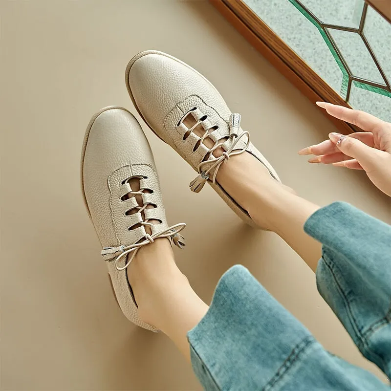 Retro Lace Up Leather Shoes For Women Round Toe Flats in Beige/Green