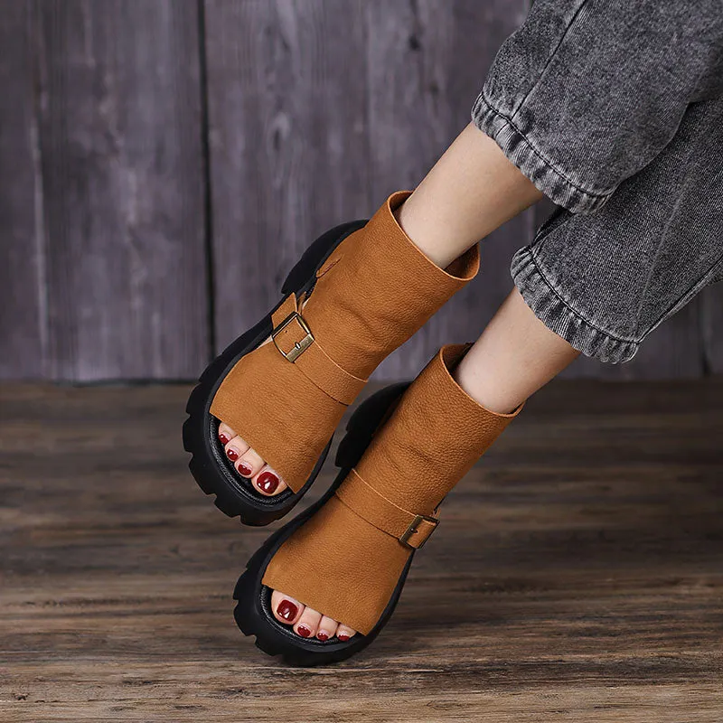 Retro Soft Leather  Chunky Sandals Platform Summer Boots for Women Coffee/Brown/Khaki