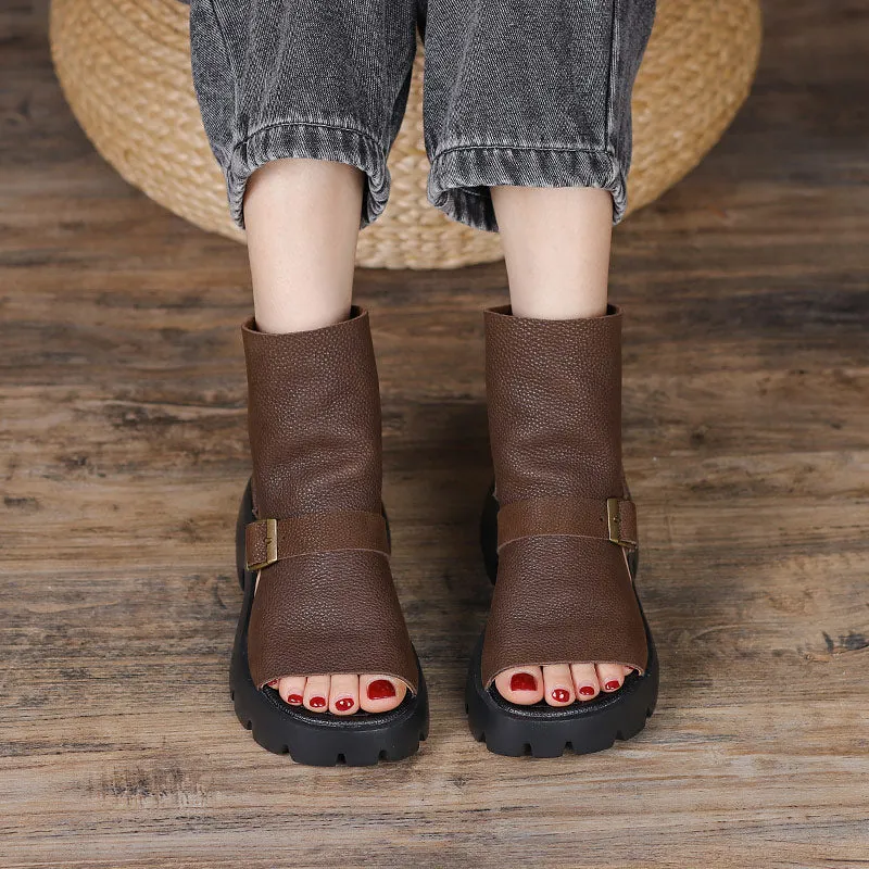 Retro Soft Leather  Chunky Sandals Platform Summer Boots for Women Coffee/Brown/Khaki