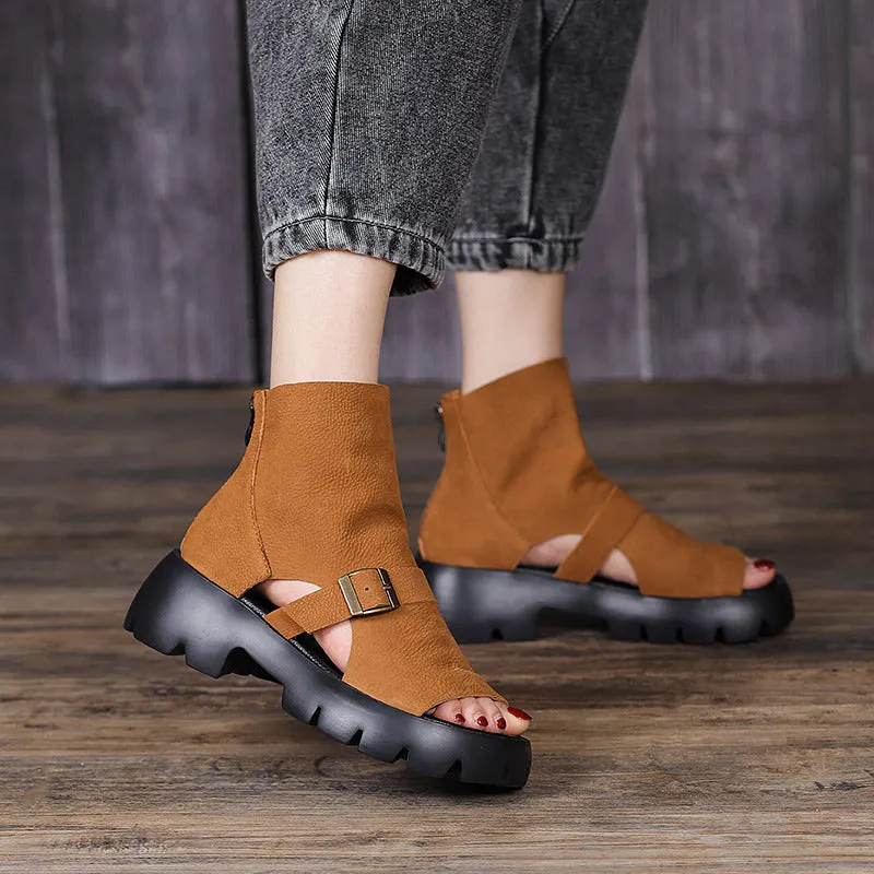 Retro Soft Leather  Chunky Sandals Platform Summer Boots for Women Coffee/Brown/Khaki