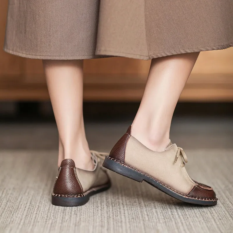 Soft Leather Oxfords & Tie Flats For Women in Brown/Beige Handmade