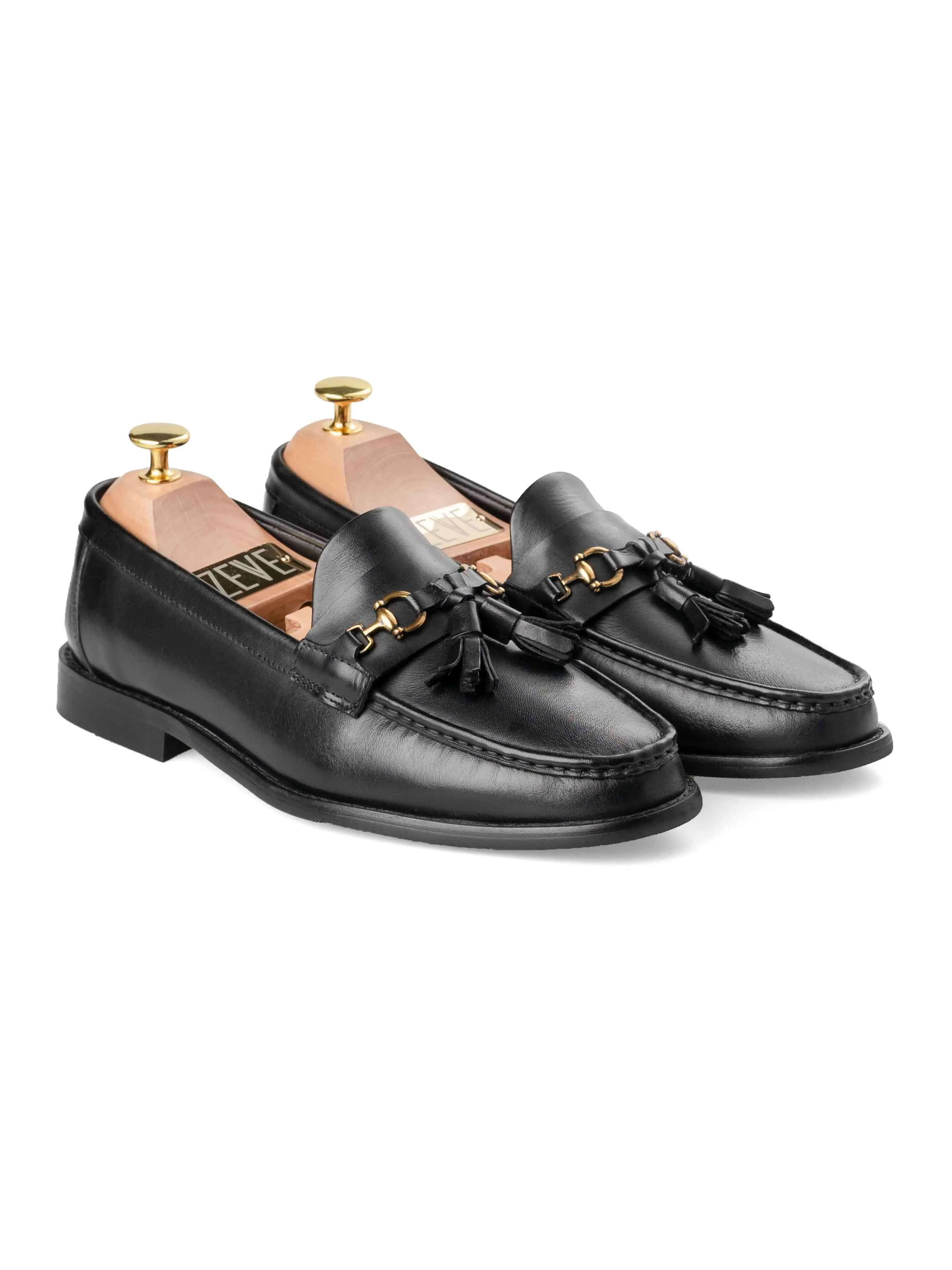 Tassel Moccasin Buckle Loafer  - Solid Black Leather