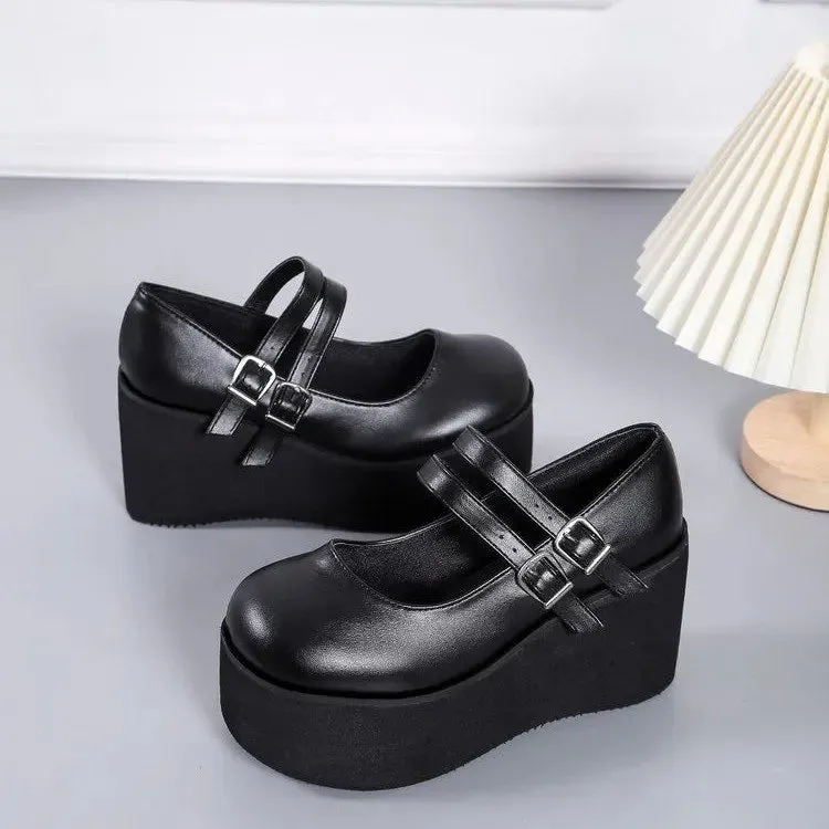 Trendy Black Mary Jane Wedge Heels