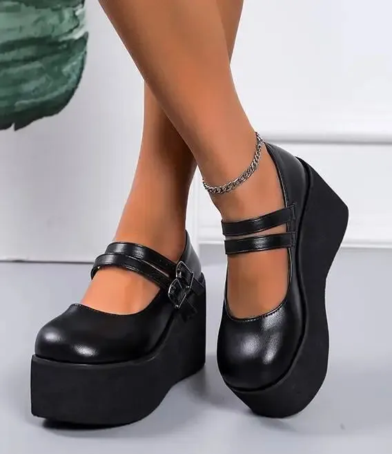 Trendy Black Mary Jane Wedge Heels