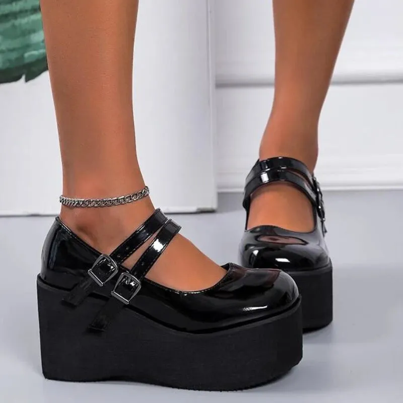 Trendy Black Mary Jane Wedge Heels