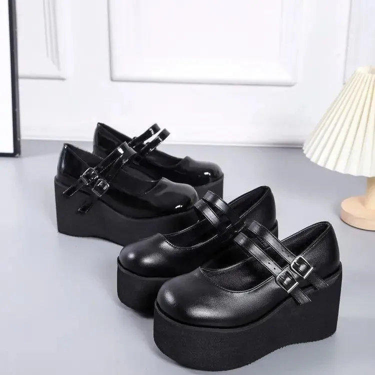 Trendy Black Mary Jane Wedge Heels