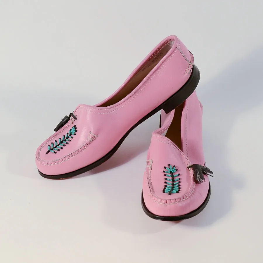 Vintage 50s Pink Beaded Moccasin Loafers, Rockabilly Deadstock Shoes SZ 6M