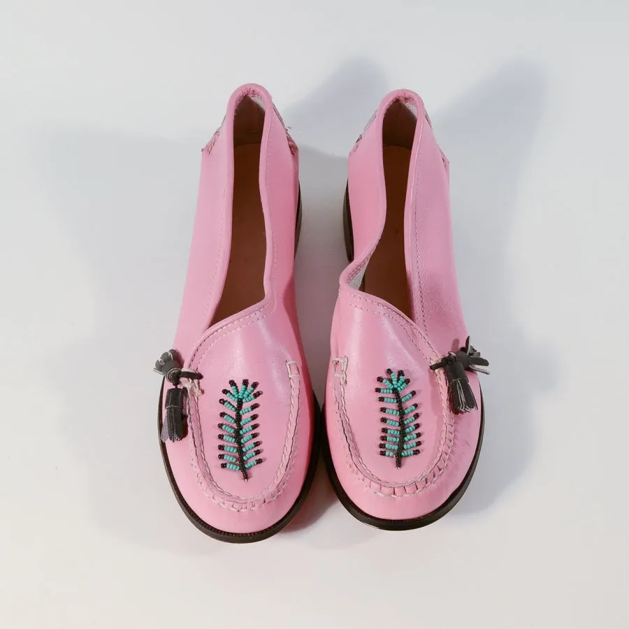 Vintage 50s Pink Beaded Moccasin Loafers, Rockabilly Deadstock Shoes SZ 6M