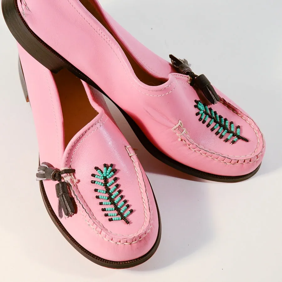 Vintage 50s Pink Beaded Moccasin Loafers, Rockabilly Deadstock Shoes SZ 6M