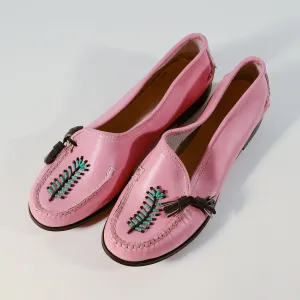 Vintage 50s Pink Beaded Moccasin Loafers, Rockabilly Deadstock Shoes SZ 6M