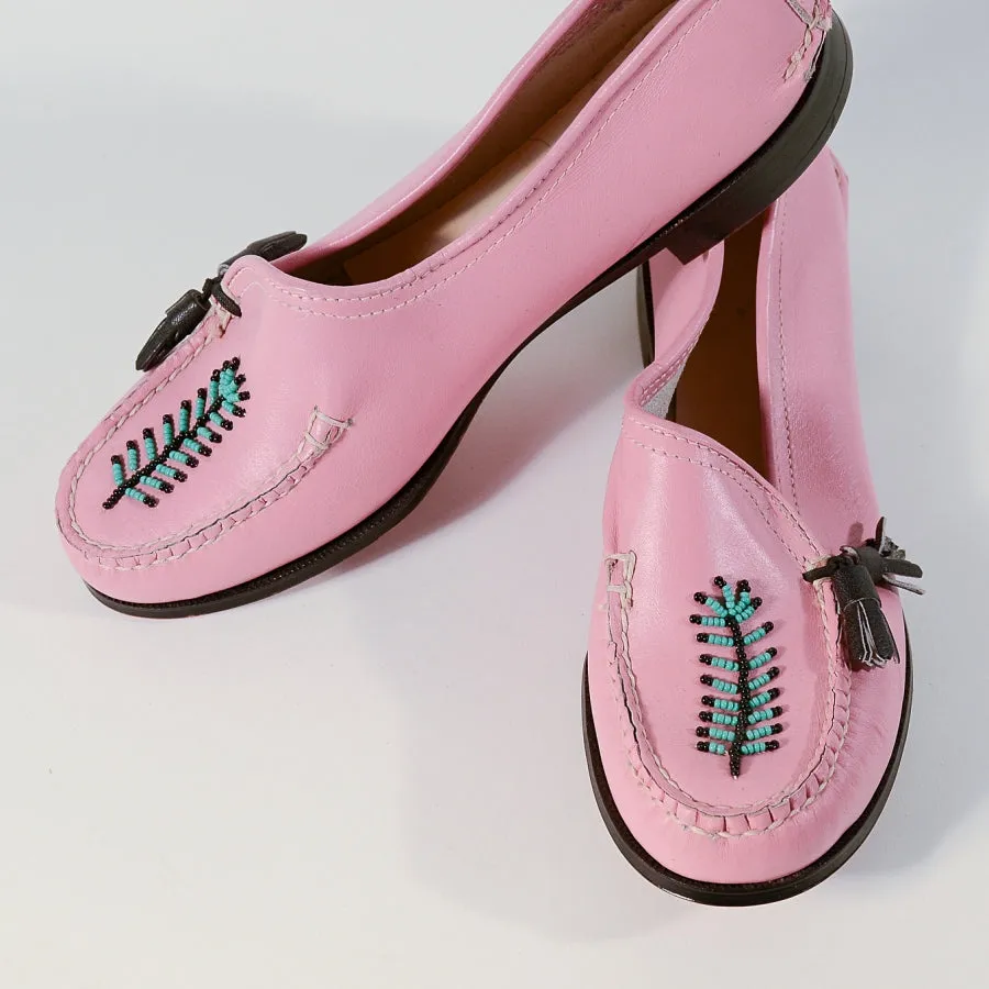 Vintage 50s Pink Beaded Moccasin Loafers, Rockabilly Deadstock Shoes SZ 6M