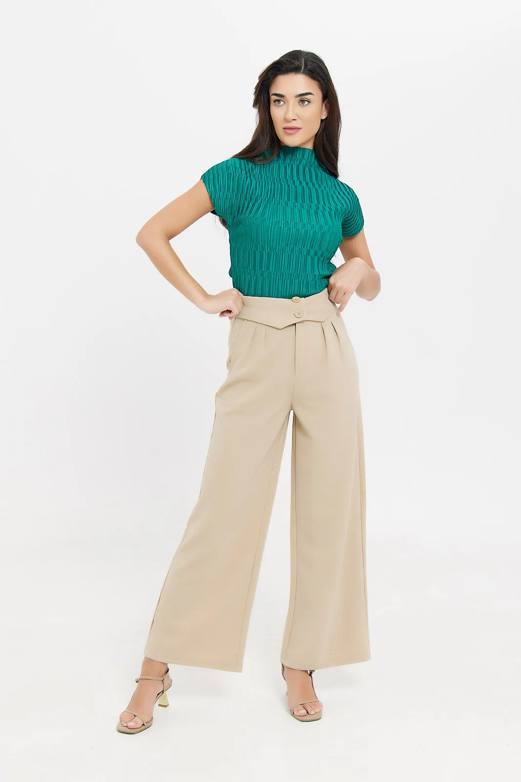 Women Beige Wide Leg Pants