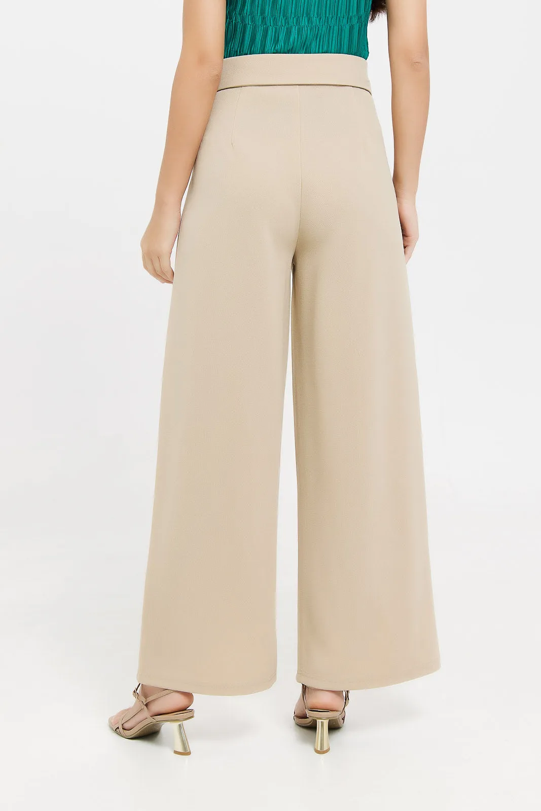 Women Beige Wide Leg Pants