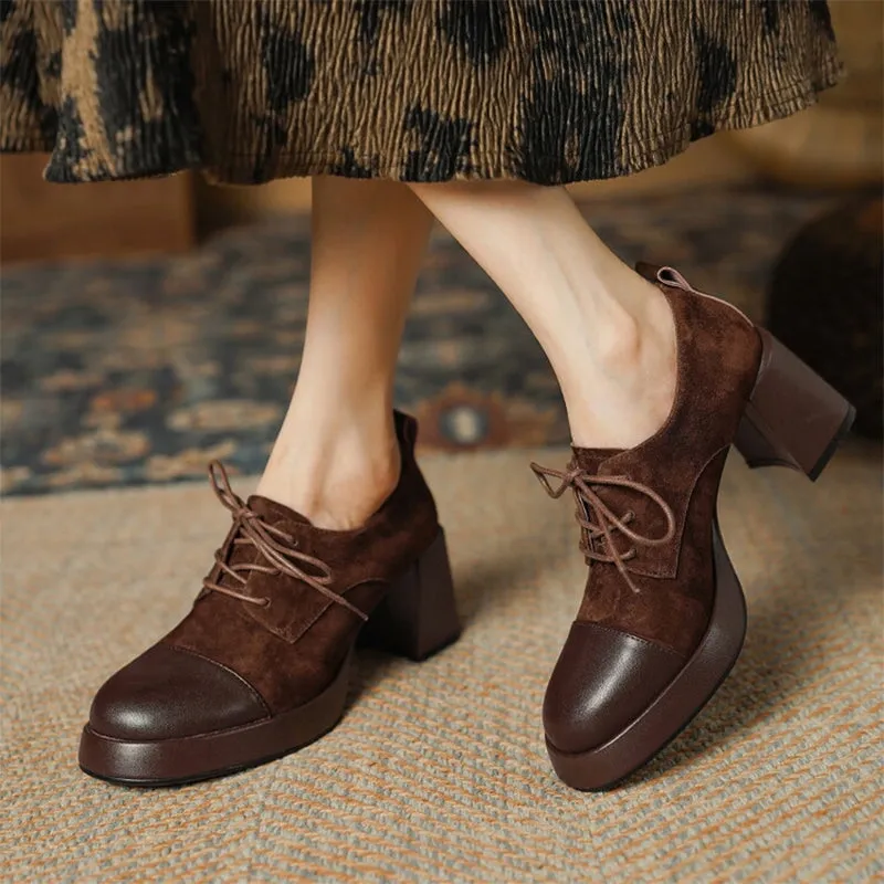 Women Cap Toe Lace Up Leather Chunky Oxford Shoes 65mm Block Heel in Brown/Black