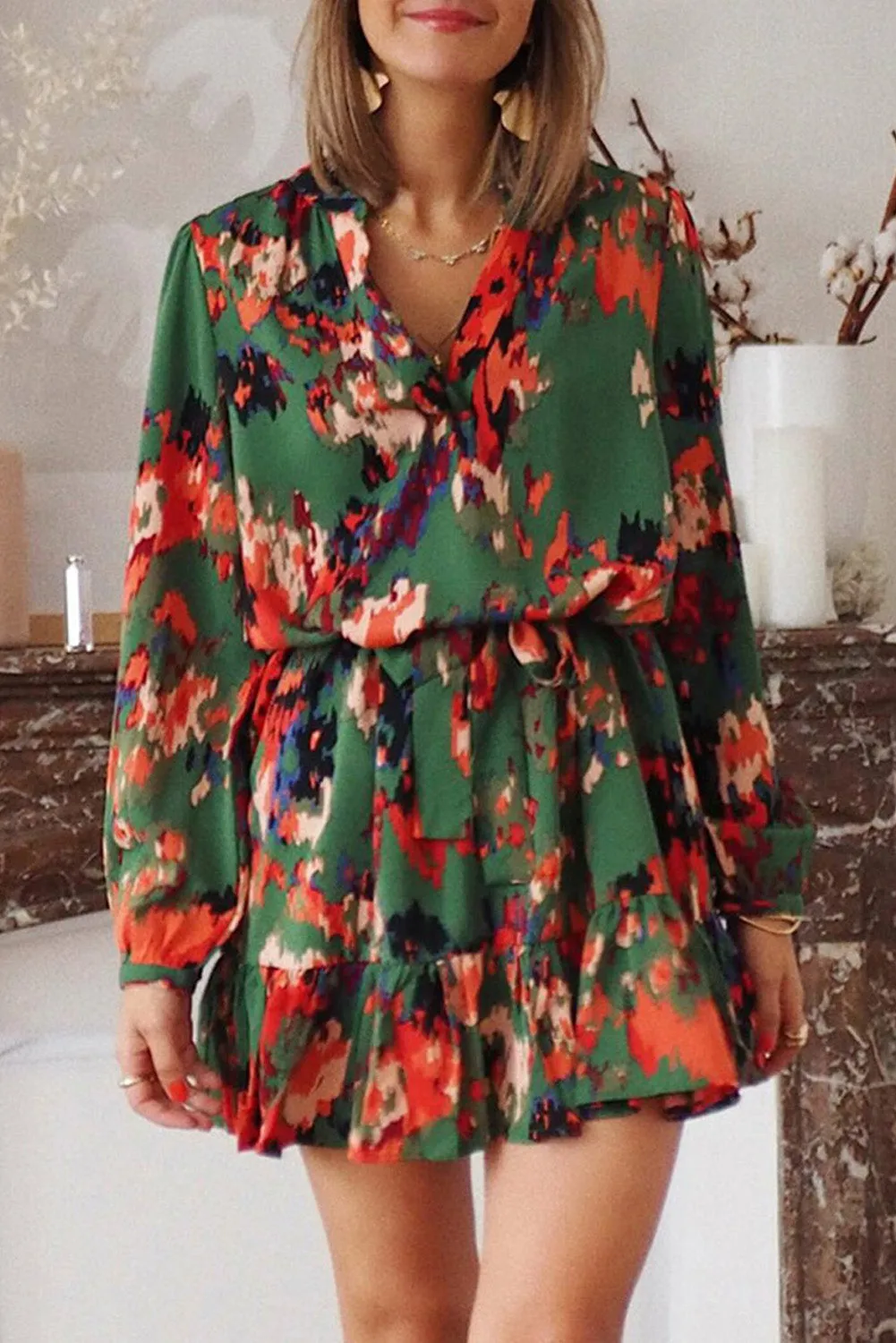 Women Casual Spring Summer Dresses Print Ruffled High Waist Mini Dress