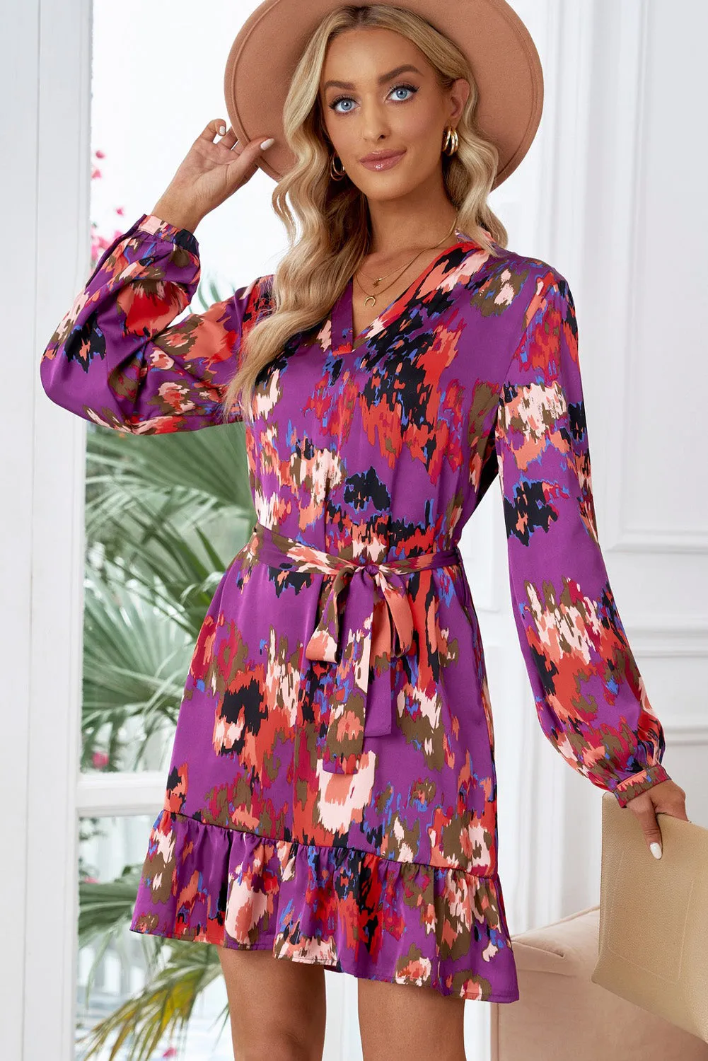 Women Casual Spring Summer Dresses Print Ruffled High Waist Mini Dress