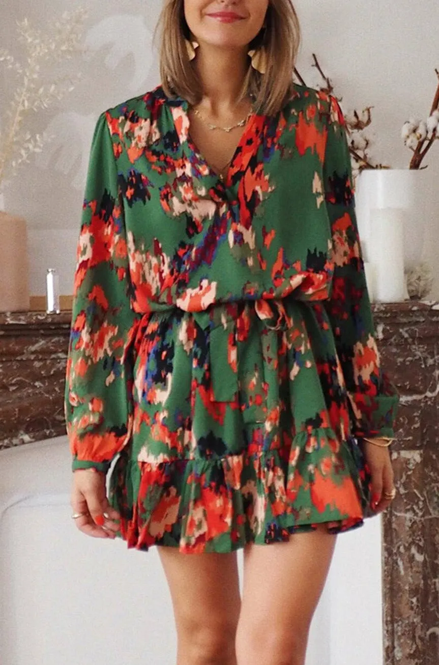 Women Casual Spring Summer Dresses Print Ruffled High Waist Mini Dress