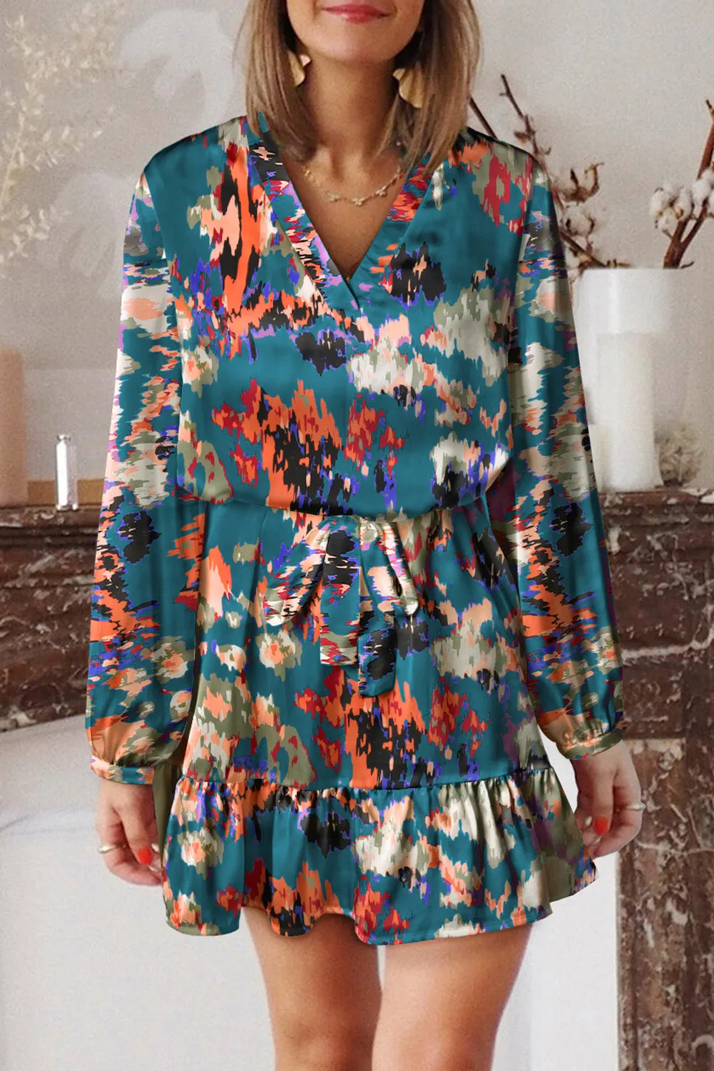 Women Casual Spring Summer Dresses Print Ruffled High Waist Mini Dress