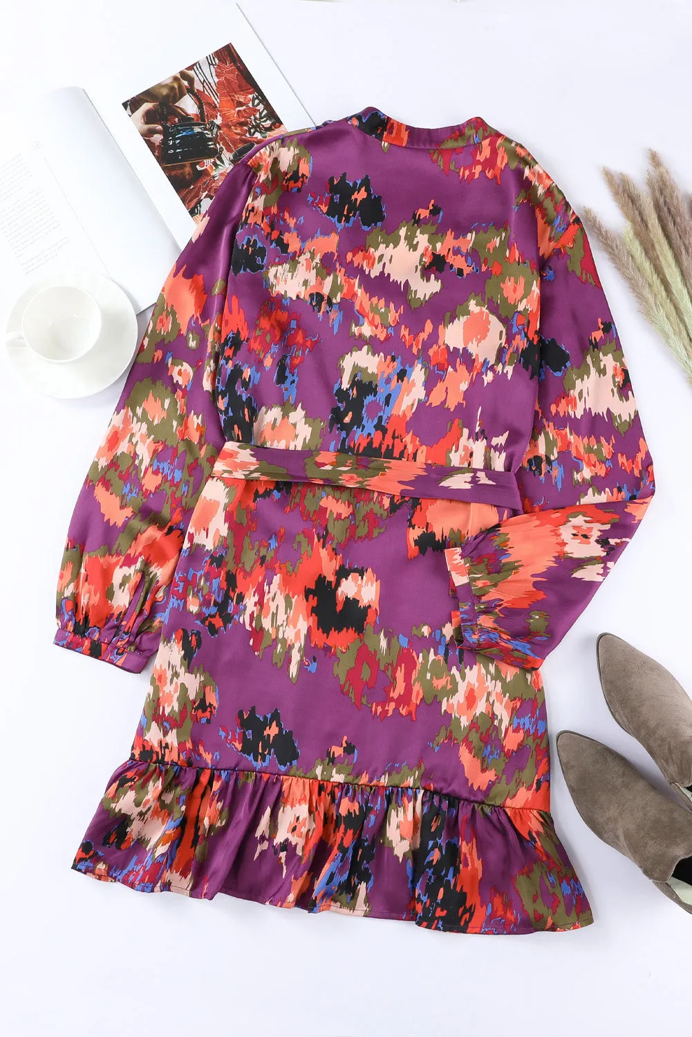 Women Casual Spring Summer Dresses Print Ruffled High Waist Mini Dress