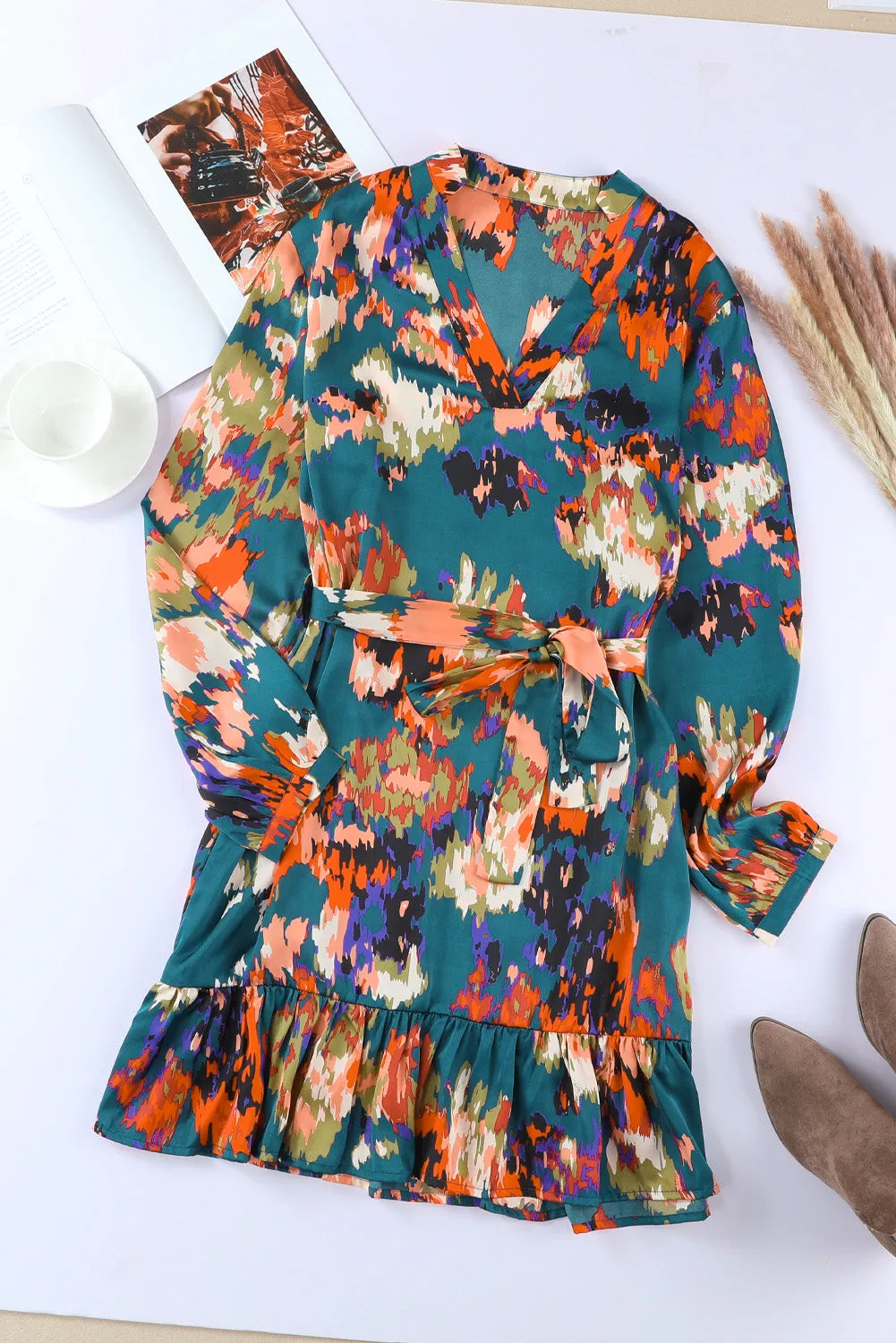 Women Casual Spring Summer Dresses Print Ruffled High Waist Mini Dress