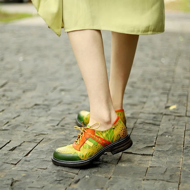 Women Fashion Brogue Oxfords With Printing Lace-up Shoes in Green